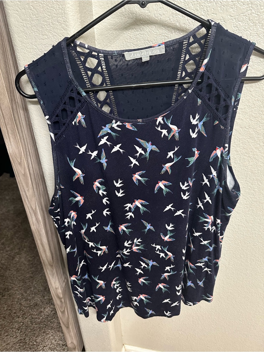 Daniel Rainn Navy Bird Print Crochet-Trim Tank